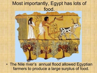 Most importantly, Egypt has lots of
food.
• The Nile river’s annual flood allowed Egyptian
farmers to produce a large surplus of food.
 