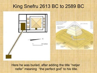 King Snefru 2613 BC to 2589 BC
Here he was buried, after adding the title “netjer
nefer” meaning “the perfect god” to his title.
 