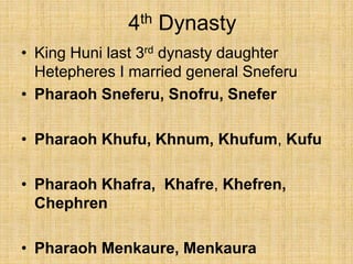 4th Dynasty
• King Huni last 3rd dynasty daughter
Hetepheres I married general Sneferu
• Pharaoh Sneferu, Snofru, Snefer
• Pharaoh Khufu, Khnum, Khufum, Kufu
• Pharaoh Khafra, Khafre, Khefren,
Chephren
• Pharaoh Menkaure, Menkaura
 