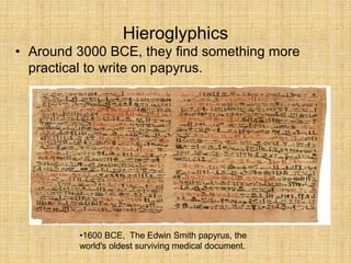 Hieroglyphics
• Around 3000 BCE, they find something more
practical to write on papyrus.
•1600 BCE, The Edwin Smith papyrus, the
world's oldest surviving medical document.
 