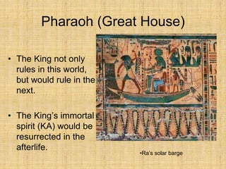 Pharaoh (Great House)
• The King not only
rules in this world,
but would rule in the
next.
• The King’s immortal
spirit (KA) would be
resurrected in the
afterlife.
•Ra’s solar barge
 