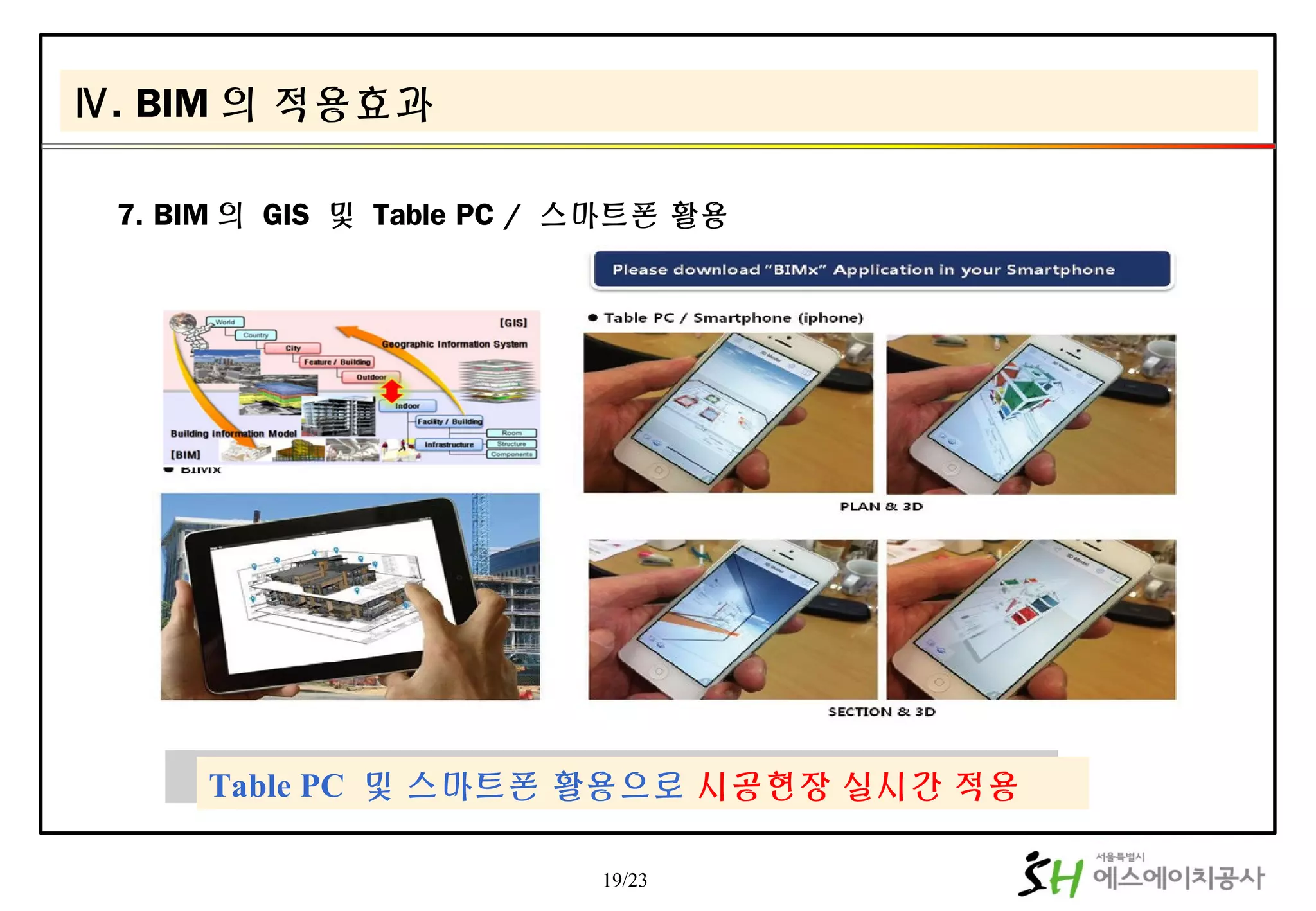 19/23
Table PC 및 스마트폰 활용으로 시공현장 실시간 적용Table PC 및 스마트폰 활용으로 시공현장 실시간 적용
Ⅳ. BIM 의 적용효과
7. BIM 의 GIS 및 Table PC / 스마트폰 활용
 