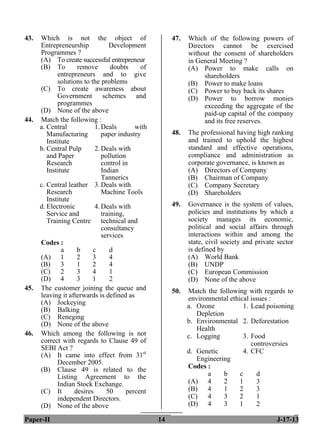Paper-II 14 J-17-13
43. Which is not the object of
Entrepreneurship Development
Programmes ?
(A) To create successful entrepreneur
(B) To remove doubts of
entrepreneurs and to give
solutions to the problems
(C) To create awareness about
Government schemes and
programmes
(D) None of the above
44. Match the following :
a. Central
Manufacturing
Institute
1. Deals with
paper industry
b. Central Pulp
and Paper
Research
Institute
2. Deals with
pollution
control in
Indian
Tannerics
c. Central leather
Research
Institute
3. Deals with
Machine Tools
d. Electronic
Service and
Training Centre
4. Deals with
training,
technical and
consultancy
services
Codes :
a b c d
(A) 1 2 3 4
(B) 3 1 2 4
(C) 2 3 4 1
(D) 4 3 1 2
45. The customer joining the queue and
leaving it afterwards is defined as
(A) Jockeying
(B) Balking
(C) Reneging
(D) None of the above
46. Which among the following is not
correct with regards to Clause 49 of
SEBI Act ?
(A) It came into effect from 31st
December 2005.
(B) Clause 49 is related to the
Listing Agreement to the
Indian Stock Exchange.
(C) It desires 50 percent
independent Directors.
(D) None of the above
47. Which of the following powers of
Directors cannot be exercised
without the consent of shareholders
in General Meeting ?
(A) Power to make calls on
shareholders
(B) Power to make loans
(C) Power to buy back its shares
(D) Power to borrow monies
exceeding the aggregate of the
paid-up capital of the company
and its free reserves.
48. The professional having high ranking
and trained to uphold the highest
standard and effective operations,
compliance and administration as
corporate governance, is known as
(A) Directors of Company
(B) Chairman of Company
(C) Company Secretary
(D) Shareholders
49. Governance is the system of values,
policies and institutions by which a
society manages its economic,
political and social affairs through
interactions within and among the
state, civil society and private sector
is defined by
(A) World Bank
(B) UNDP
(C) European Commission
(D) None of the above
50. Match the following with regards to
environmental ethical issues :
a. Ozone
Depletion
1. Lead poisoning
b. Environmental
Health
2. Deforestation
c. Logging 3. Food
controversies
d. Genetic
Engineering
4. CFC
Codes :
a b c d
(A) 4 2 1 3
(B) 4 1 2 3
(C) 4 3 2 1
(D) 4 3 1 2
 