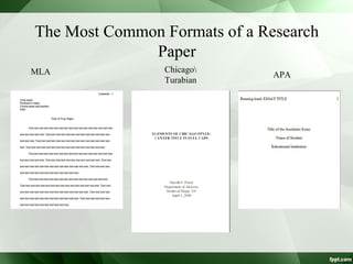 The Most Common Formats of a Research
Paper
MLA APA
Chicago
Turabian
 