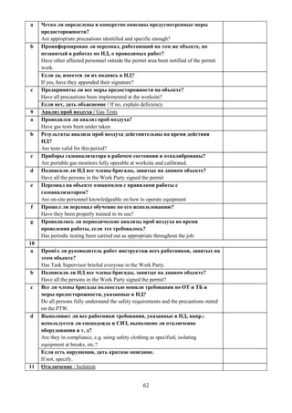 62
a Четко ли определены и конкретно описаны предусмотренные меры
предосторожности?
Are appropriate precautions identified and specific enough?
b Проинформирован ли персонал, работающий на том же объекте, но
незанятый в работах по НД, о проводимых работ?
Have other affected personnel outside the permit area been notified of the permit
work.
Если да, имеется ли их подпись в НД?
If yes, have they appended their signature?
c Предприняты ли все меры предосторожности на объекте?
Have all precautions been implemented at the worksite?
Если нет, дать объяснение / If no, explain deficiency.
9 Анализ проб воздуха / Gas Tests
a Проводился ли анализ проб воздуха?
Have gas tests been under taken
b Результаты анализа проб воздуха действительны на время действия
НД?
Are tests valid for this period?
c Приборы газоанализатора в рабочем состоянии и откалиброваны?
Are portable gas monitors fully operable at worksite and calibrated.
d Подписали ли НД все члены бригады, занятые на данном объекте?
Have all the persons in the Work Party signed the permit
e Персонал на объекте ознакомлен с правилами работы с
газоанализатором?
Are on-site personnel knowledgeable on how to operate equipment
f Прошел ли персонал обучение по его использованию?
Have they been properly trained in its use?
g Проводились ли периодические анализы проб воздуха во время
проведения работы, если это требовалось?
Has periodic testing been carried out as appropriate throughout the job.
10
a Провёл ли руководитель работ инструктаж всех работников, занятых на
этом объекте?
Has Task Supervisor briefed everyone in the Work Party.
b Подписали ли НД все члены бригады, занятые на данном объекте?
Have all the persons in the Work Party signed the permit?
c Все ли члены бригады полностью поняли требования по ОТ и ТБ и
меры предосторожности, указанные в НД?
Do all persons fully understand the safety requirements and the precautions stated
on the PTW.
d Выполняют ли все работники требования, указанные в НД, напр.:
используется ли спецодежда и СИЗ, выполнено ли отключение
оборудования и т. д?
Are they in compliance, e.g. using safety clothing as specified, isolating
equipment at breaks, etc.?
Если есть нарушения, дать краткое описание.
If not, specify.
11 Отключение / Isolation
 