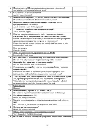 63
a Приложены ли к НД документы, подтверждающие отключение?
Are isolation certificates attached to the permit?
b Согласованы ли эти отключения?
Are they cross-referenced?
c Приложенные документы указывают конкретные места отключения?
Do certificates or attachments detail specific isolation points?
d Правильно ли выполнены отключения (установлены замки,
предупреждающие таблички)?
Are all isolations secure (locks, tags etc)?
e Установлены ли таблички на местах отключений?
Are all isolations tagged?
f В случае выполнения нескольких работ с применением единого
отключения, были ли предпринята эта изоляции путем установки
нескольких блокировок замками с разными ключами или предприняты
другие подходящие средства контроля за отключением?
If more than one task on same isolation, has multiple lock/key system or other
suitable control been used?
Если да, указать.
If so, give details.
12 Меры предосторожности, предпринимаемые ЛВ НД
Precaution by Permit Issuer
a Цель работы была разъяснена лицу, ответственному за отключение?
Has task been fully discussed with person carrying out the isolation?
b План работ был обсужден с руководителем работ?
Has task been discussed with Task Supervisor.
c Согласованы планы работ, в случае проведения работ на участке по
нескольким НД?
If more than one Permit on equipment/system, have all appropriate cross-
references been made and all necessary personnel been made aware?
d Там, где работы по НД могут проводятся в зоне ответственности других
лиц, проинформированы ли эти лица под подпись о этих работах?
Where tasks may impinge on other responsible persons/areas, have affected
persons signed to acknowledge their awareness of the work.
13 Смена вахты /
Handover
a При смене вахты передан ли НД между ЛВ НД?
Has handover of permit been done between Permit Issuers at shift change
b Как оформлена передача НД?
How is this being documented?
c Была ли проведена передача при смене вахт руководителей работ по
НД?
Has a handover of jobs between Task Supervisors been done?
d Как ведется эта документация?
How is this being documented?
14 Работы приостановлены / проводятся / закончены /
Work Suspended / On Hold / Completed
a Оставлена ли рабочая площадка в прибранном и безопасном состоянии?
 