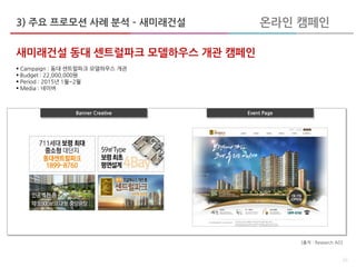 3) 주요 프로모션 사례 분석 – 새미래건설
26
새미래건설 동대 센트럴파크 모델하우스 개관 캠페인
 Campaign : 동대 센트럴파크 모델하우스 개관
 Budget : 22,000,000원
 Period : 2015년 1월~2월
 Media : 네이버
Banner Creative Event Page
온라인 캠페인
[출처 : Research AD]
 