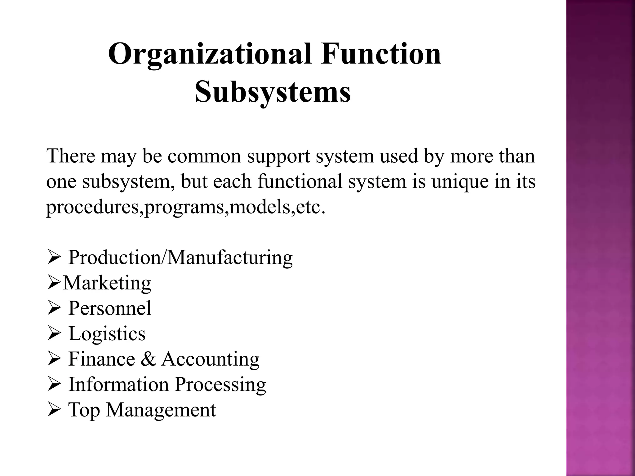 Organizational Function
Subsystems
There may be common support system used by more than
one subsystem, but each functional system is unique in its
procedures,programs,models,etc.
 Production/Manufacturing
Marketing
 Personnel
 Logistics
 Finance & Accounting
 Information Processing
 Top Management
 
