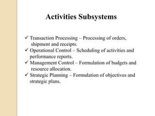 Activities Subsystems
 Transaction Processing – Processing of orders,
shipment and receipts.
 Operational Control – Scheduling of activities and
performance reports.
 Management Control – Formulation of budgets and
resource allocation.
 Strategic Planning – Formulation of objectives and
strategic plans.
 