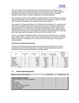 There are expenses that are relatively easy to directly attribute to the microfinance unit.
Examples of these are the salaries and benefits of the microfinance staff, gross receipts tax,
depreciation of equipments used exclusively by the microfinance unit (e.g. motorcycle,
calculators, office furniture, computer, professional fees, training expenses).
Some expenses, however, may be difficult to directly attribute to the microfinance unit without
separate bookkeeping. These would include expenses for communications, supplies, and repair
and maintenance of equipment, and meals and snacks during meetings.
If an expense is not separately tracked, but is relatively easy to determine, the expense can be
estimated. For example, transportation expenses incurred by the microfinance staff would be
easy to estimate if the staff are given fixed transportation allowance. Office supplies may be
estimated based on the number of loan applications processed and accounts collected daily or
weekly by the microfinance unit. Communications may also be estimated based on the average
phone calls made, and fax messages and mails sent by the microfinance unit.
However, if an expense is difficult to attribute exclusively to the microfinance unit, it would be
best to classify this as an indirect expense and to do cost allocation. The method for allocating
indirect expenses to an operating unit or product of the bank is discussed in the section on
indirect expenses.
Computing for the Depreciation Expenses
The depreciation expense for equipment exclusively used by the microfinance unit may be
estimated as shown in the following table. As previously stated, the depreciation period or
economic life should be based on the bank’s accounting policies.
Item No. of Units
(A)
Cost Per Unit
(B)
Total Cost
(C = A x B)
Economic Life
(No. of Months)
(D)
Monthly
Depreciation
Expense
(C/D)
Motorcycle 2 70,000 140,000 60 2,333.33
Computer 1 25,000 25,000 36 694.44
Printer 1 15,000 15,000 36 416.67
Typewriter 1 12,000 12,000 60 200.00
Calculators 4 500 2,000 36 55.56
Office furniture 4 2,000 8,000 60 133.33
Steel Cabinet 1 1,500 1,500 60 25.00
Total 203,500 3,858.33
7.7 Indirect Operating Expense
Statement of Income and Expenses Current Month Previous Month
Indirect Operating Expenses
-Salaries & Benefits – Other Bank Employees
-Rent
-Light & Water
-Communications
-Depreciation – Other Bank Assets
-Other Indirect Expenses
Total Direct Expenses
 