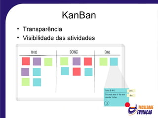 KanBan
• Transparência
• Visibilidade das atividades
 