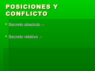 POSICIONES YPOSICIONES Y
CONFLICTOCONFLICTO
 Secreto absoluto .-Secreto absoluto .-
 Secreto relativo .-Secreto relativo .-
 