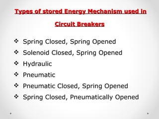 Types of stored Energy Mechanism used inTypes of stored Energy Mechanism used in
Circuit BreakersCircuit Breakers
 Spring Closed, Spring Opened
 Solenoid Closed, Spring Opened
 Hydraulic
 Pneumatic
 Pneumatic Closed, Spring Opened
 Spring Closed, Pneumatically Opened
 
