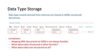 Data Type Storage
Data type records derived from schemas are stored as JSONs structured
documents.
Limitations:
- Mapping XML documents to JSON is not always feasible.
- What about data structured in other formats?
- What about data non structured at all?
 