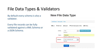 File Data Types & Validators
By default every schema is also a
validator.
Every file records can be fully
validated against a XML Schema or
a JSON Schema.
 