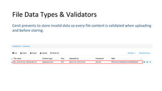 File Data Types & Validators
Cenit prevents to store invalid data so every file content is validated when uploading
and before storing.
 