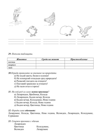 ............................... ............................... ............................... ................................ ................................
............................... ............................... ............................... ................................ ................................
............................... ............................... ............................... ................................ ................................
29. Попълни таблицата.
Животно Среда на живот Приспособление
патица
щъркел
заек
30.Огради правилата за опазване на природата.
а) Не късай цветя, билки и клонки!
б) Не изхвърляй отпадъци сред природата!
в) Разваляй гнездата на птиците!
г) Поставяй хранилки за птиците!
д) Не пали огън в гората!
31. На кой ред са само зимни празници?
а) Лазаровден, Връбница, Коледа
б) Лазаровден, Бъдни вечер, Коледа
в) Бъдни вечер, Коледуване, Нова година
г) Бъдни вечер, Коледа, Нова година
д) Бъдни вечер, Цветница, Нова година
32. Огради само обичаите.
Лазаруване, Коледа, Цветница, Нова година, Великден, Лазаровден, Коледуване,
Сурвакане
33. Свържи празника с обичая.
Лазаровден
Цветница Коледуване,
Великден Лазаруване
 