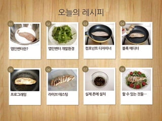 01 02 03 04
05 06 07 08
오늘의 레시피
앱인벤터란? 앱인벤터 개발환경 컴포넌트 디자이너 블록 에디터
프로그래밍 라이브 테스팅 실제 폰에 설치 할 수 있는 것들…
 