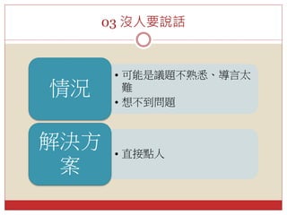 03 沒人要說話
• 可能是議題不熟悉、導言太
難
• 想不到問題
情況
• 直接點人
解決方
案
 