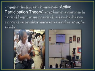 - ทฤษฎีกำรเรียนรู้แบบมีส่วนร่วมอย่ำงจริงจัง (Active
Participation Theory) ทฤษฎีนี้ กล่ำวว่ำ ควำมสำมำรถ ใน
กำรเรียนรู้ ขึ้นอยู่กับ ควำมอยำกจะเรียนรู้ และมีส่วนร่วม ถ้ำมีควำม
อยำกเรียนรู้ และอยำกมีส่วนร่วมมำก ควำมสำมำรถในกำรเรียนรู้ก็จะ
มีมำกขึ้น
 