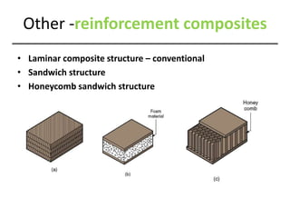 Other -reinforcement composites
• Laminar composite structure – conventional
• Sandwich structure
• Honeycomb sandwich structure
 