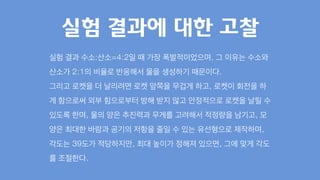 실험 결과에 대한 고찰
실험 결과 수소:산소=4:2일 때 가장 폭발적이었으며, 그 이유는 수소와
산소가 2:1의 비율로 반응해서 물을 생성하기 때문이다.
그리고 로켓을 더 날리려면 로켓 앞쪽을 무겁게 하고, 로켓이 회전을 하
게 함으로써 외부 힘으로부터 방해 받지 않고 안정적으로 로켓을 날릴 수
있도록 한며, 물의 양은 추진력과 무게를 고려해서 적정량을 남기고, 모
양은 최대한 바람과 공기의 저항을 줄일 수 있는 유선형으로 제작하며,
각도는 39도가 적당하지만, 최대 높이가 정해져 있으면, 그에 맞게 각도
를 조절한다.
 