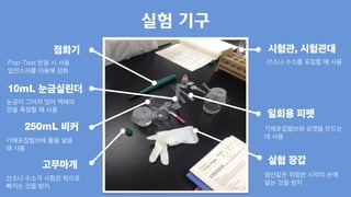 실험 기구
점화기
10mL 눈금실린더
고무마개
250mL 비커
시험관, 시험관대
일회용 피펫
실험 장갑
Pop-Test 반응 시 사용
압전소자를 이용해 점화
기체포집벌브에 물을 넣을
때 사용
눈금이 그어져 있어 액체의
양을 측정할 때 사용
산소나 수소가 시험관 밖으로
빠지는 것을 방지
산소나 수소를 포집할 때 사용
기체포집벌브와 로켓을 만드는
데 사용
염산같은 위험한 시약이 손에
닿는 것을 방지
 