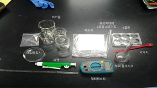 멀티테스터
부피 플라스크
약수저
6홈판
유리막대와
1회용 스포이드
약포지
비커들
패트리 접시
피펫
 