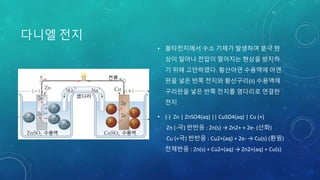 다니엘 전지
• 볼타전지에서 수소 기체가 발생하여 분극 현
상이 일어나 전압이 떨어지는 현상을 방지하
기 위해 고안하였다. 황산아연 수용액에 아연
판을 넣은 반쪽 전지와 황산구리(ii) 수용액에
구리판을 넣은 반쪽 전지를 염다리로 연결한
전지
• (-) Zn | ZnSO4(aq) || CuSO4(aq) | Cu (+)
Zn (-극) 반반응 : Zn(s) → Zn2+ + 2e- (산화)
Cu (+극) 반반응 : Cu2+(aq) + 2e- → Cu(s) (환원)
전체반응 : Zn(s) + Cu2+(aq) → Zn2+(aq) + Cu(s)
 