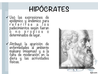 HIPÓCRATES
ü Usó las expresiones de
epidémico y endémico para
r e f e r i r s e a l o s
padecimientos según fueran
o n o p r o p i o s o
determinados de lugar.

ü Atribuyó la aparición de
enfermedades al ambiente
malsano (miasmas) y a la
falta de moderación en la
dieta y las actividades
físicas.
 