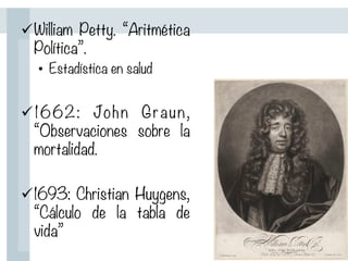 ü William Petty. “Aritmética
Política”.
•  Estadística en salud

ü 1662: John Graun,
“Observaciones sobre la
mortalidad.

ü 1693: Christian Huygens,
“Cálculo de la tabla de
vida”
 