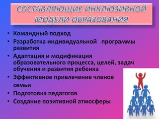 • Командный подход
• Разработка индивидуальной программы
развития
• Адаптация и модификация
образовательного процесса, целей, задач
обучения и развития ребенка
• Эффективное привлечение членов
семьи
• Подготовка педагогов
• Создание позитивной атмосферы
 