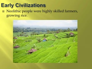  Neolithic people were highly skilled farmers,
growing rice.
 