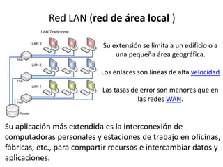 Red LAN (red de área local )
Su extensión se limita a un edificio o a
una pequeña área geográfica.
Los enlaces son líneas de alta velocidad
Las tasas de error son menores que en
las redes WAN.
Su aplicación más extendida es la interconexión de
computadoras personales y estaciones de trabajo en oficinas,
fábricas, etc., para compartir recursos e intercambiar datos y
aplicaciones.
 