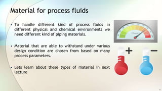 Material for process fluids
• To handle different kind of process fluids in
different physical and chemical environments we
need different kind of piping materials.
• Material that are able to withstand under various
design condition are chosen from based on many
process parameters.
• Lets learn about these types of material in next
lecture
12
 