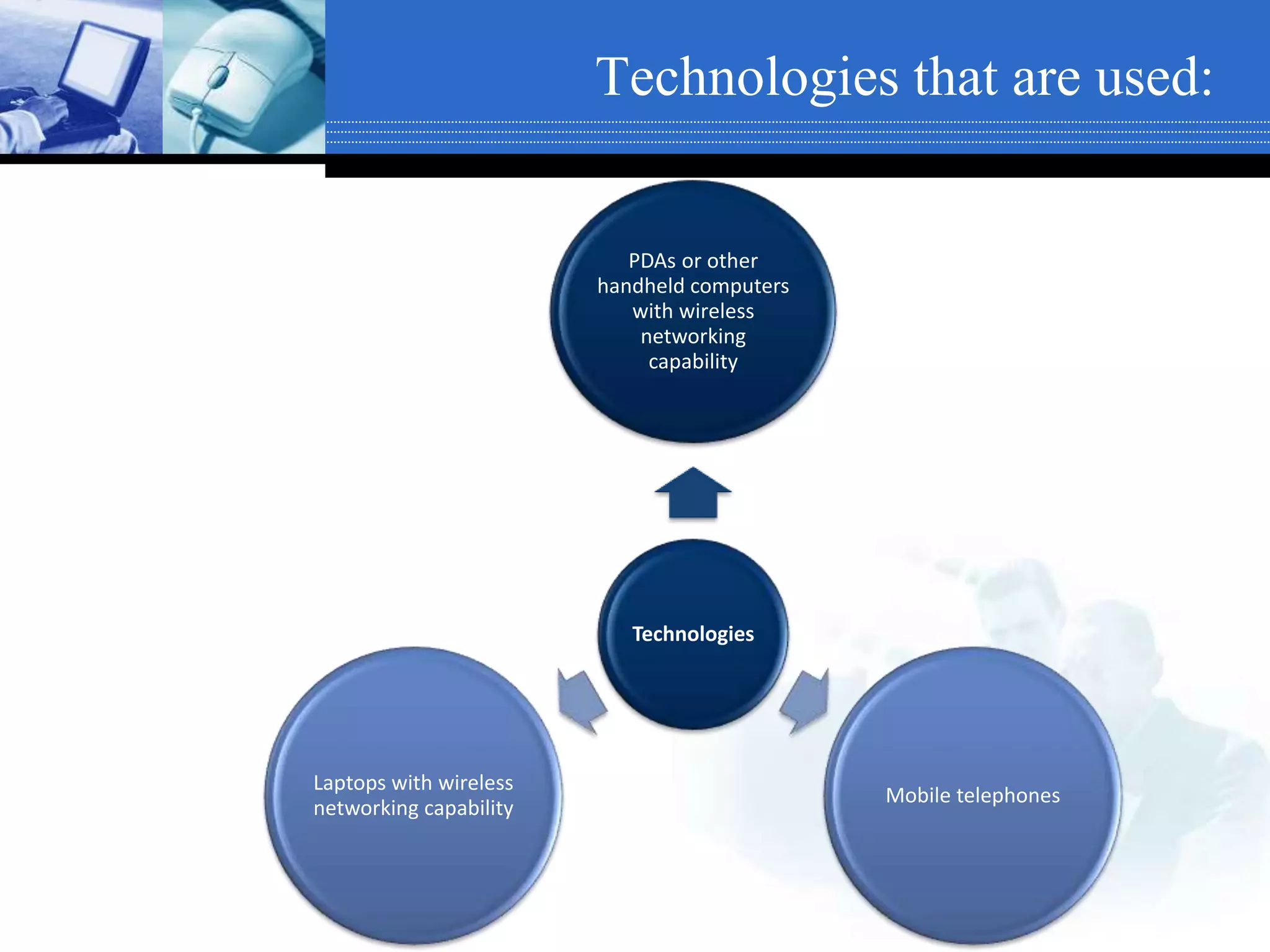 Technologies that are used:
Technologies
PDAs or other
handheld computers
with wireless
networking
capability
Mobile telephones
Laptops with wireless
networking capability
 