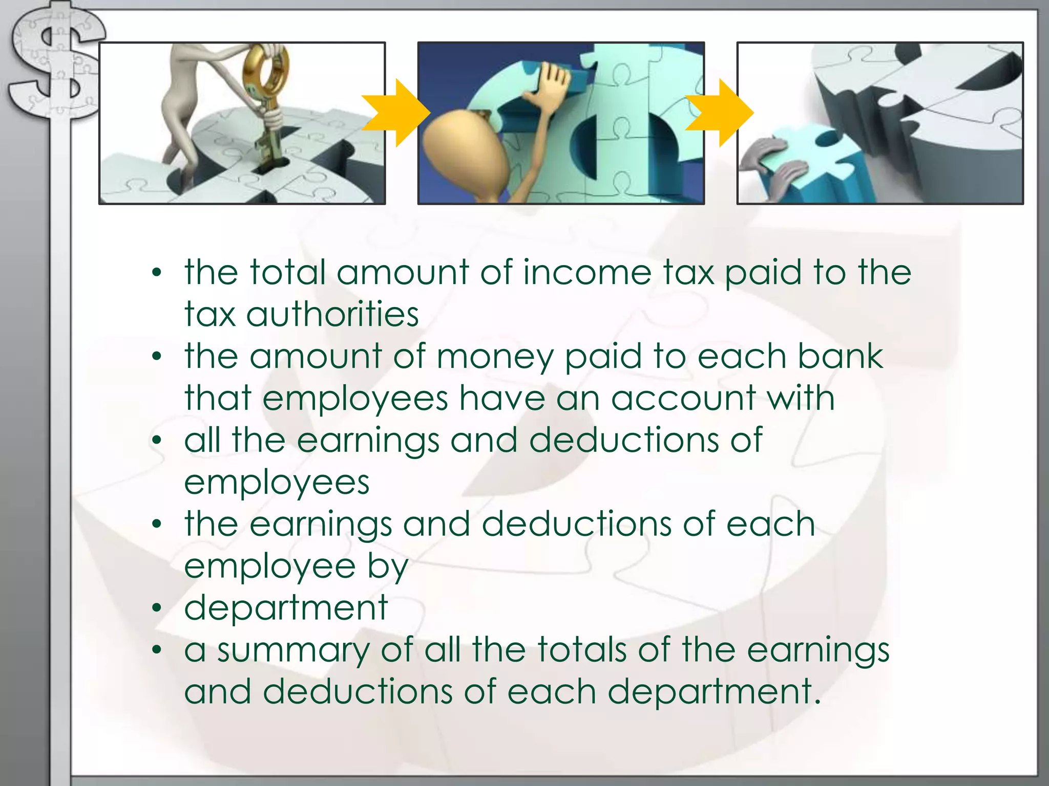 • the total amount of income tax paid to the
tax authorities
• the amount of money paid to each bank
that employees have an account with
• all the earnings and deductions of
employees
• the earnings and deductions of each
employee by
• department
• a summary of all the totals of the earnings
and deductions of each department.
 