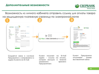 15
Создается заказ в системе
Предприятия и направляется в
адрес Клиента на @-mail
Клиент получает на @-mail
адрес - ссылку на оплаты,
которая валидна в течение
указанного времени
Предприятием
Клиент Предприятия
оплачивает ранее
выставленный заказ
Возможность из личного кабинета отправить ссылку для оплаты товара
на защищенную платежную страницу по электронной почте
2 31
Дополнительные возможности
 