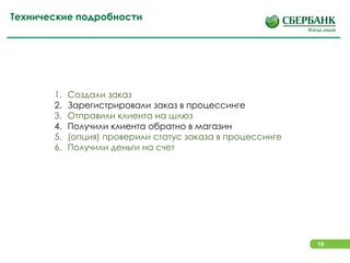 19
Технические подробности
1. Создали заказ
2. Зарегистрировали заказ в процессинге
3. Отправили клиента на шлюз
4. Получили клиента обратно в магазин
5. (опция) проверили статус заказа в процессинге
6. Получили деньги на счет
 