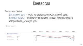 Конверсии
Показатели отчета:
Достижения цели – число непосредственных достижений цели.
Целевые визиты – это количество визитов (сессий) пользователей, в
которых была достигнута цель.
39
 