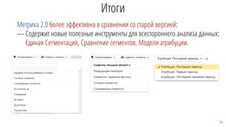 Итоги
Метрика 2.0 более эффективна в сравнении со старой версией:
—Содержит новые полезные инструменты для всестороннего анализа данных:
Единая Сегментация, Сравнение сегментов, Модели атрибуции.
78
 