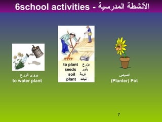 7
‫المدرسية‬ ‫الشنشطة‬-6school activities
‫يزرع‬to plant
‫بذور‬seeds
‫تربة‬soil
‫شنبات‬plant
‫الزرع‬ ‫يروى‬
to water plant
‫أصيص‬
(Planter) Pot
 