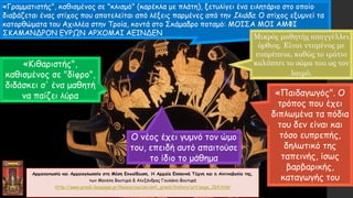 «Κιθαριστής",
καθισμένος σε "δίφρο",
διδάσκει σ' ένα μαθητή
να παίζει λύρα
Ο νέος έχει γυμνό τον ώμο
του, επειδή αυτό απαιτούσε
το ίδιο το μάθημα
«Γραμματιστής", καθισμένος σε "κλισμό" (καρέκλα με πλάτη), ξετυλίγει ένα ειλητάριο στο οποίο
διαβάζεται ένας στίχος που αποτελείται από λέξεις παρμένες από την Ιλιάδα. Ο στίχος εξυμνεί τα
κατορθώματα του Αχιλλέα στην Τροία, κοντά στο Σκάμαδρο ποταμό: ΜΟΙΣΑ ΜΟΙ ΑΜΦΙ
ΣΚΑΜΑΝΔΡΟΝ ΕΥΡΩΝ ΑΡΧΟΜΑΙ ΑΕΙΝΔΕΝ Μικρός μαθητής απαγγέλλει
όρθιος. Είναι ντυμένος με
ευπρέπεια, καθώς το ιμάτιο
καλύπτει το σώμα του ως τον
λαιμό.
«Παιδαγωγός". Ο
τρόπος που έχει
διπλωμένα τα πόδια
του δεν είναι και
τόσο ευπρεπής,
δηλωτικό της
ταπεινής, ίσως
βαρβαρικής,
καταγωγής του
Αρχαιογνωσία και Αρχαιογλωσσία στη Μέση Εκπαίδευση. Η Αρχαία Ελληνική Τέχνη και η Ακτινοβολία της,
των Μανόλη Βουτυρά & Αλεξάνδρας Γουλάκη-Βουτυρά
http://www.greek-language.gr/Resources/ancient_greek/history/art/page_069.html
 