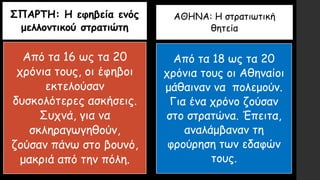 ΣΠΑΡΤΗ: Η εφηβεία ενός
μελλοντικού στρατιώτη
ΑΘΗΝΑ: Η στρατιωτική
θητεία
Από τα 16 ως τα 20
χρόνια τους, οι έφηβοι
εκτελούσαν
δυσκολότερες ασκήσεις.
Συχνά, για να
σκληραγωγηθούν,
ζούσαν πάνω στο βουνό,
μακριά από την πόλη.
Από τα 18 ως τα 20
χρόνια τους οι Αθηναίοι
μάθαιναν να πολεμούν.
Για ένα χρόνο ζούσαν
στο στρατώνα. Έπειτα,
αναλάμβαναν τη
φρούρηση των εδαφών
τους.
 