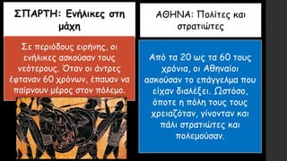 ΣΠΑΡΤΗ: Ενήλικες στη
μάχη
ΑΘΗΝΑ: Πολίτες και
στρατιώτες
Σε περιόδους ειρήνης, οι
ενήλικες ασκούσαν τους
νεότερους. Όταν οι άντρες
έφταναν 60 χρόνων, έπαυαν να
παίρνουν μέρος στον πόλεμο.
Από τα 20 ως τα 60 τους
χρόνια, οι Αθηναίοι
ασκούσαν το επάγγελμα που
είχαν διαλέξει. Ωστόσο,
όποτε η πόλη τους τους
χρειαζόταν, γίνονταν και
πάλι στρατιώτες και
πολεμούσαν.
 