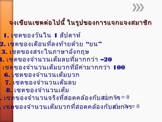 จงเขียนเซตต่อไปนี้ ในรูปของการแจกแจงสมาชิกจงเขียนเซตต่อไปนี้ ในรูปของการแจกแจงสมาชิก
1. เซตของวันใน 1 สัปดาห์
2. “ ”เซตของเดือนที่ลงท้ายด้วย ยน
3. เซตของสระในภาษาอังกฤษ
4. –เซตของจำานวนเต็มลบที่มากกว่า 20
. เซตของจำานวนเต็มบวกที่มีค่ามากกว่า 100
6. เซตของจำานวนเต็มบวก
7. เซตของจำานวนเต็มลบ
8. เซตของจำานวนเต็ม
. เซตของจำานวนจริงที่สอดคล้องกับสมการ
2
5 0x x- =
. เซตของจำานวนเต็มบวกที่สอดคล้องกับสมการ
2
3 0x x- =
 