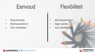 Eenvoud
• Drag-and-drop
• Meerkeuzemenu’s
• Voor marketeers
• Zelf programmeren
• Eigen queries
• Voor ontwikkelaars
Flexibiliteit
 