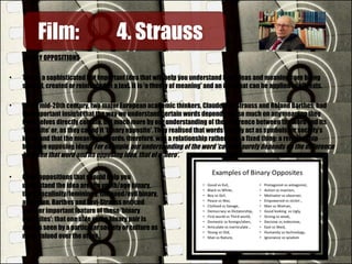 BINARY OPPOSITIONS
• This is a sophisticated but important idea that will help you understand how ideas and meanings are being
shaped, created or reinforced in a text. It is 'a theory of meaning' and an idea that can be applied to all texts.
• In the mid-20th century, two major European academic thinkers, Claude Levi Strauss and Roland Barthes, had
the important insight that the way we understand certain words depends not so much on any meaning they
themselves directly contain, but much more by our understanding of the difference between the word and its
'opposite' or, as they called it 'binary opposite'. They realised that words merely act as symbols for society's
ideas and that the meaning of words, therefore, was a relationship rather than a fixed thing: a relationship
between opposing ideas. For example, our understanding of the word 'coward' surely depends on the difference
between that word and its opposing idea, that of a 'hero‘.
Film:Film: 4. Strauss4. Strauss
• Other oppositions that should help you
understand the idea are the youth/age binary,
the masculinity/femininity, the good/evil binary,
and so on. Barthes and Levi-Strauss noticed
another important feature of these 'binary
opposites': that one side of the binary pair is
always seen by a particular society or culture as
more valued over the other.
 