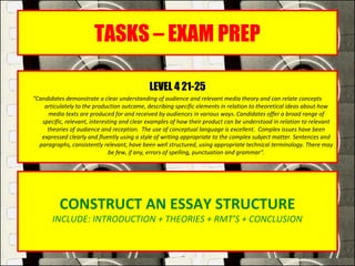 TASKS – EXAM PREP
LEVEL 4 21-25
“Candidates demonstrate a clear understanding of audience and relevant media theory and can relate concepts
articulately to the production outcome, describing specific elements in relation to theoretical ideas about how
media texts are produced for and received by audiences in various ways. Candidates offer a broad range of
specific, relevant, interesting and clear examples of how their product can be understood in relation to relevant
theories of audience and reception. The use of conceptual language is excellent. Complex issues have been
expressed clearly and fluently using a style of writing appropriate to the complex subject matter. Sentences and
paragraphs, consistently relevant, have been well structured, using appropriate technical terminology. There may
be few, if any, errors of spelling, punctuation and grammar”.
  
CONSTRUCT AN ESSAY STRUCTURE
INCLUDE: INTRODUCTION + THEORIES + RMT’S + CONCLUSION
 
