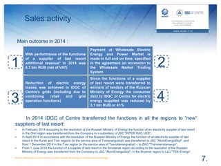 Sales activity
7.
Main outcome in 2014 :
1 2
3
With performance of the functions
of a supplier of last resort
additional revenue* in 2014 was
8,3 bln RUB (net of VAT)
Payment at Wholesale Electric
Energy and Power Market is
made ​​in full and on time, specified
in the agreement on accession to
the Wholesale Market Trading
System
Reduction of electric energy
losses was achieved in IDGC of
Centre’s grids (including due to
combining retail and grid
operation functions)
Since the functions of a supplier
of last resort were transferred to
winners of tenders of the Russian
Ministry of Energy the consumer
debt to IDGC of Centre for electric
energy supplied was reduced by
3,1 bln RUB or 41%
4
• In February 2014 according to the resolution of the Russian Ministry of Energy the function of an electricity supplier of last resort
in the Orel region was transferred from the Company to a subsidiary of JSC "INTER RAO UES”;
• In April 2014 in accordance with the resolution of the Russian Ministry of Energy the function of an electricity supplier of last
resort in the Kursk and Tver regions (in the service area of Tverenergosbyt) was transferred to JSC "AtomEnergoSbyt", and
from 1 December 2014 in the Tver region (in the service area of Tveroblenergosbyt) – to ZAO "Transservicenergo“;
• From 1 June 2014 the function of a supplier of last resort in the Smolensk region according to the resolution of the Russian
Ministry of Energy was transferred from the Company to JSC "AtomEnergoSbyt", in the Bryansk region to LLC "TEK-Energo”.
In 2014 IDGC of Centre transferred the functions in all the regions to “new“
suppliers of last resort:
* - without taking into account internal business volume (according to management accounting)
 